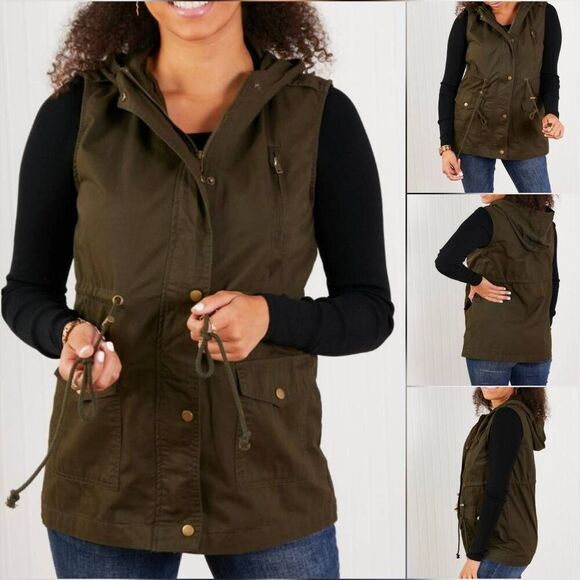 💜Zenana Olive Zipper Front Hooded Sleeveless Utility Jacket Large - Picture 13 of 16